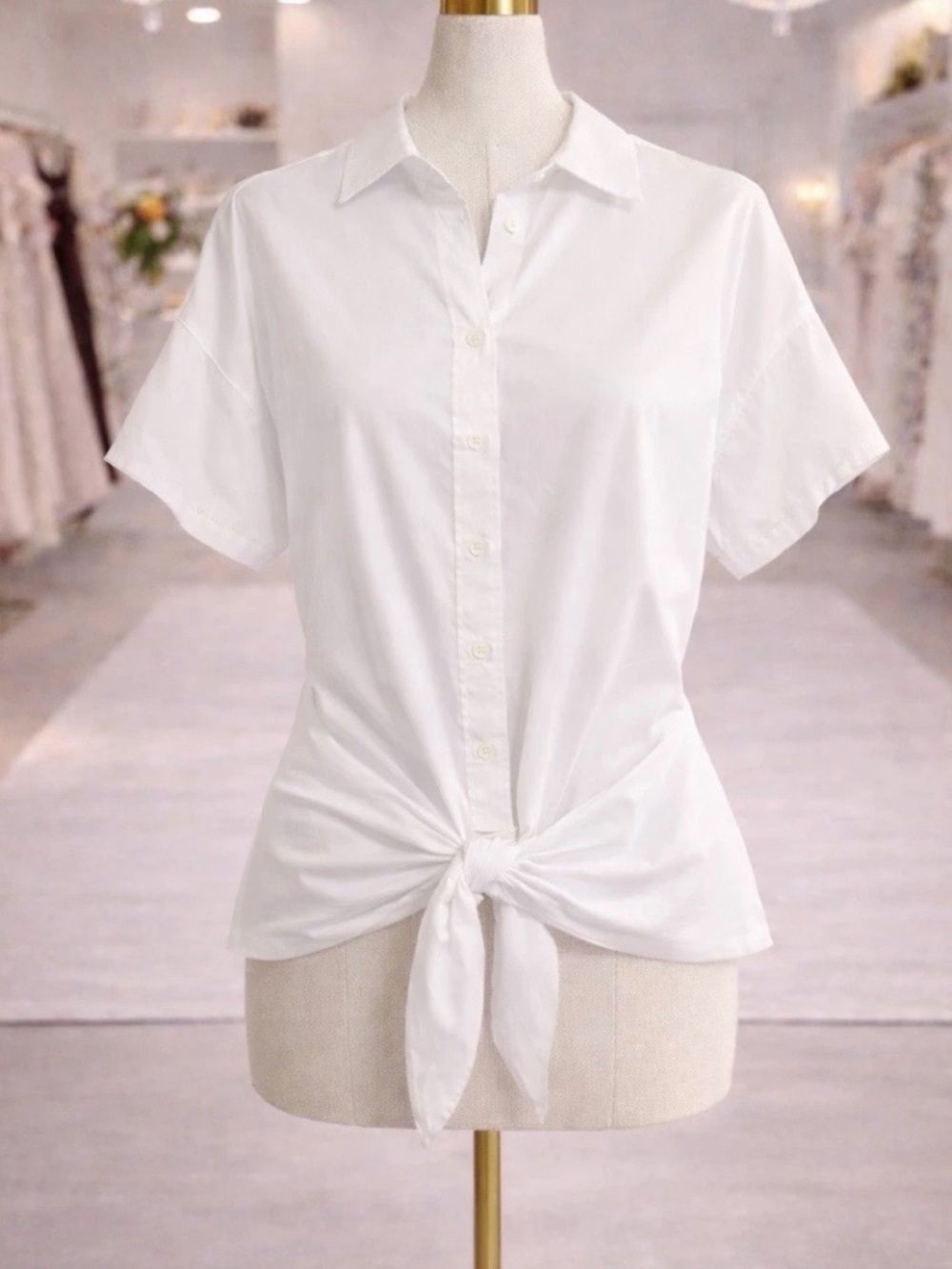 Ralph Lauren White Tie Front Button Up Blouse Short Sleeve Size L NWT